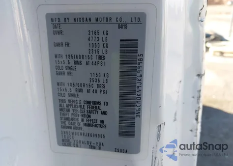 2018 Nissan Nv200 S z USA, uszkodzony, nr VIN 3N6CM0KN9JK699985